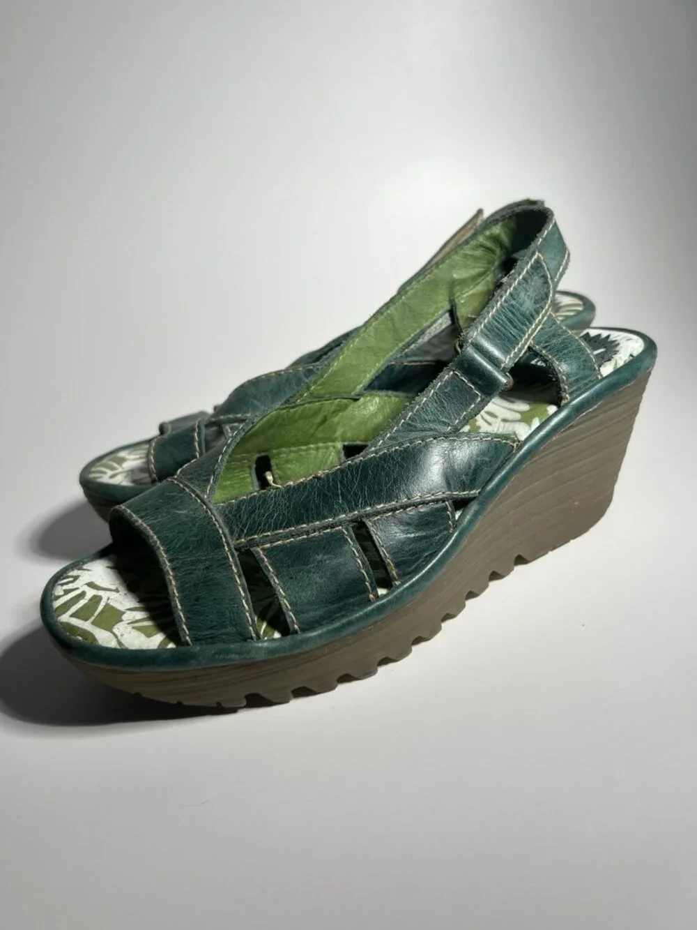Fly London Leather Slip On Wedge Shoes Olive Green Women’s EU 37 US 6